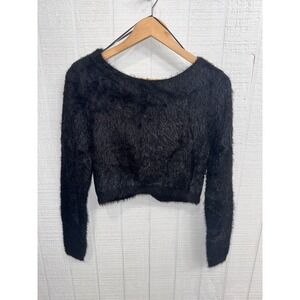 Melrose With Love Sweater Women Black Fuzzy Twist Front Cropped CTS105 Small